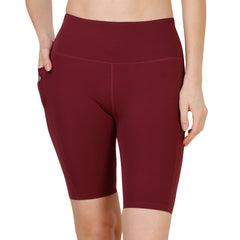 SOIE Woman - High Waist Knee Length Solid Sports Shorts With Pocket - Athleisure Shorts -for Women