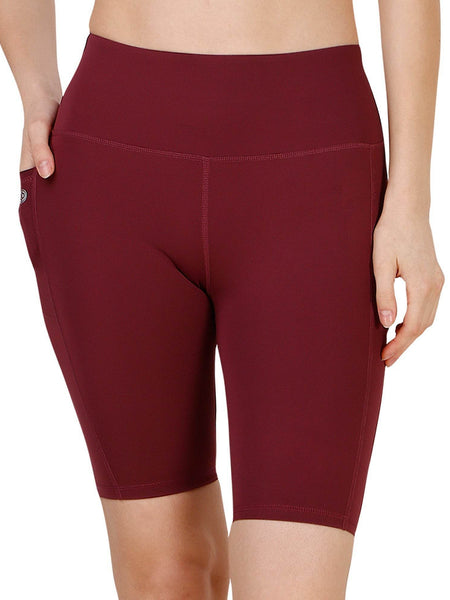 SOIE Woman - High Waist Knee Length Solid Sports Shorts With Pocket - Athleisure Shorts -for Women