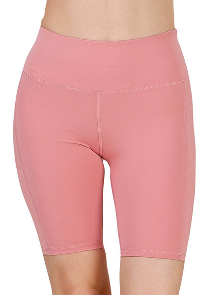 SOIE Woman - High Waist Knee Length Solid Sports Shorts With Pocket - Athleisure Shorts -for Women