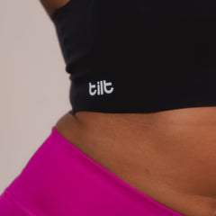 Black Racerback Fursat Bra – Tilt wire-free bra for women, perfect for workouts.