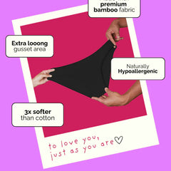 Black underwear held by hands with text highlighting features on a purple background