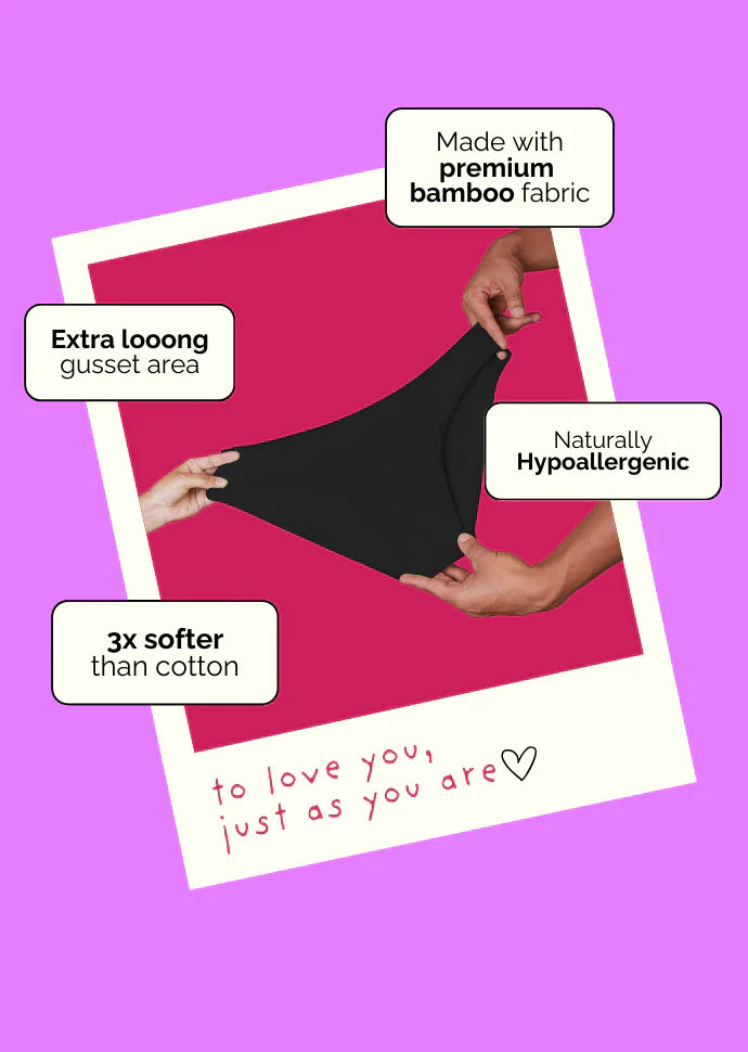 Black underwear held by hands with text highlighting features on a purple background