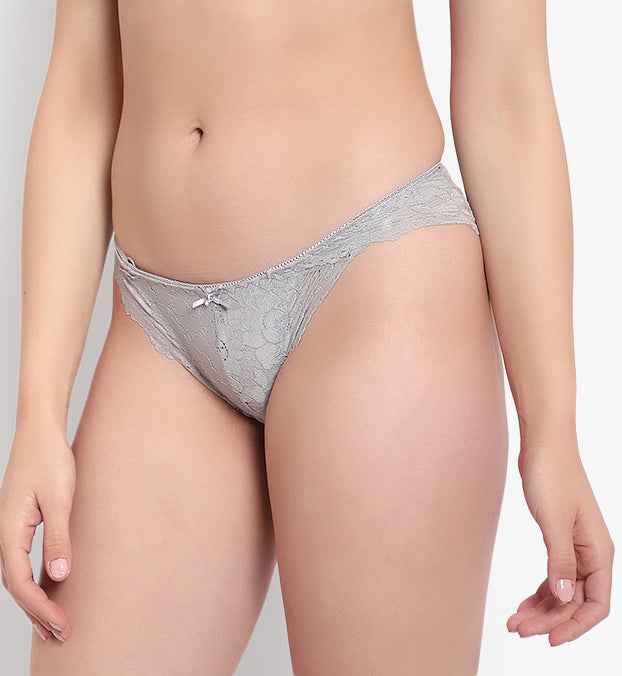 Grey Low Waist Sheer Bikini Panties - Lace