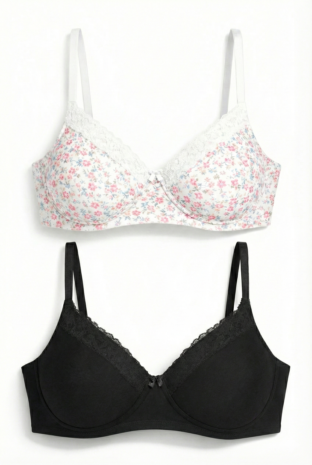 Munns & Mars Pack of 2 Cotton Lightly Padded T-Shirt Bra with lace Printed White and Black