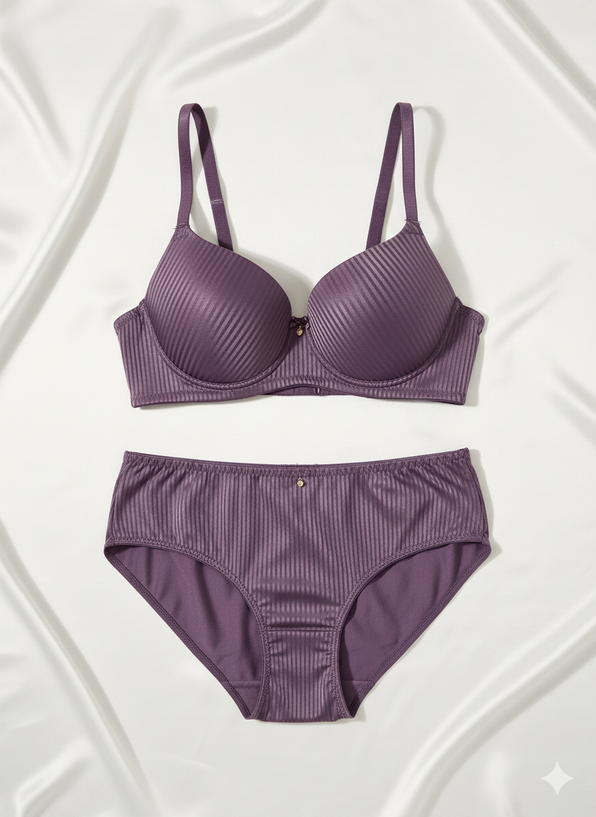 BODYLINE Clea Bra & Panty Set | Lightly Padded, Wire-Free Bra & Mid-Rise Brief | Soft Polyamide with Striped Finish