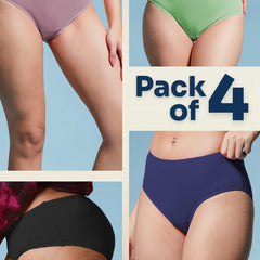 Four pairs of underwear in different colors with a 'Pack of 4' label.