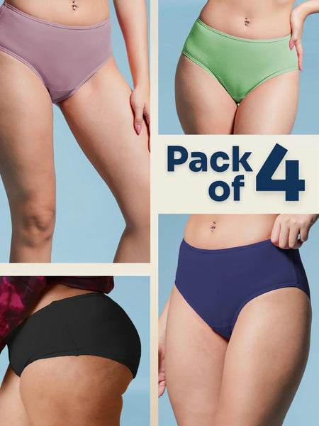 Four pairs of underwear in different colors with a 'Pack of 4' label.