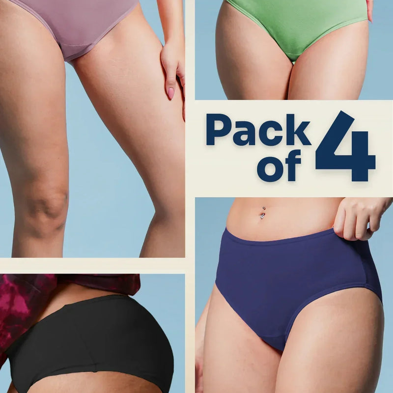 Four pairs of underwear in different colors with a 'Pack of 4' label.