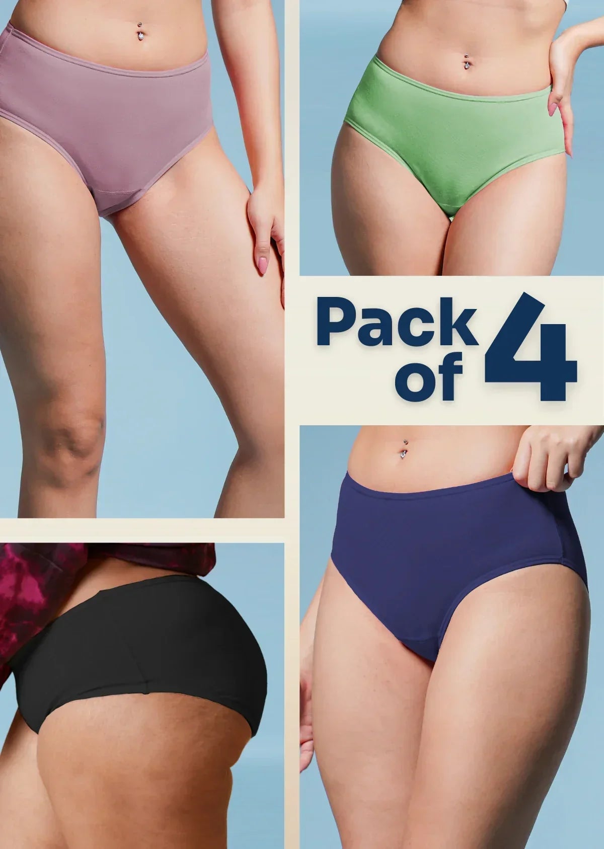 Four pairs of underwear in different colors with a 'Pack of 4' label.