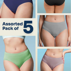 Assorted pack of 5 women's underwear in different colors on a light blue background.