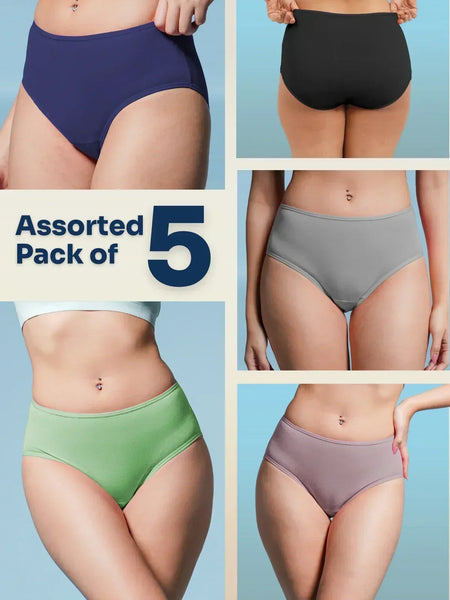 Assorted pack of 5 women's underwear in different colors on a light blue background.