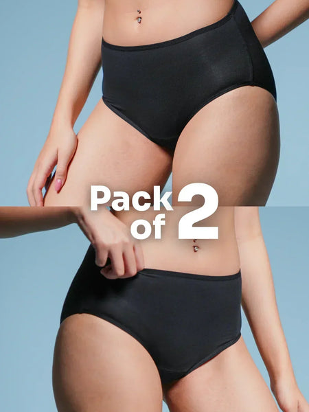 Two pairs of black high-waisted underwear on a person against a light blue background with 'Pack of 2' text.