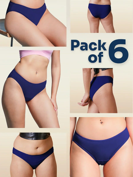 Collage of blue underwear with 'Pack of 6' text on a beige background