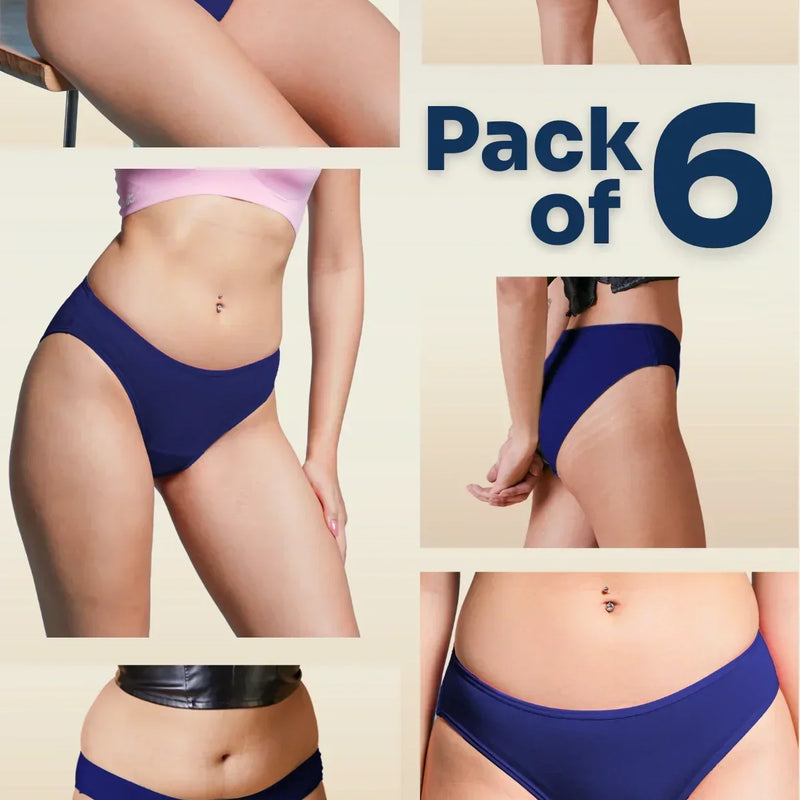 Collage of blue underwear with 'Pack of 6' text on a beige background