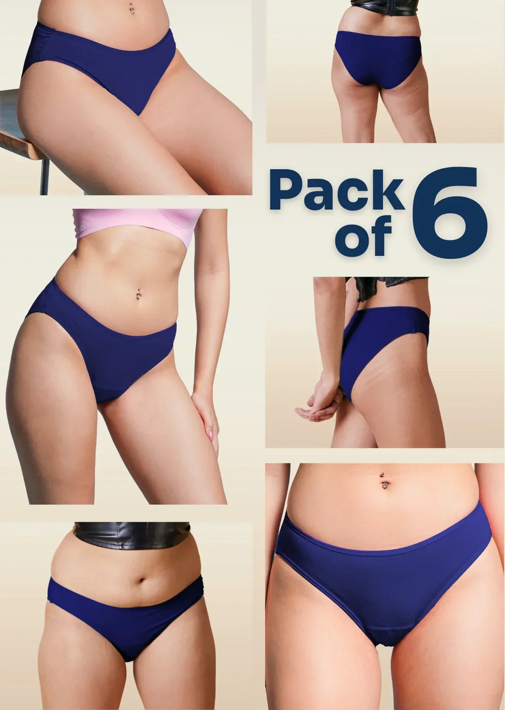 Collage of blue underwear with 'Pack of 6' text on a beige background