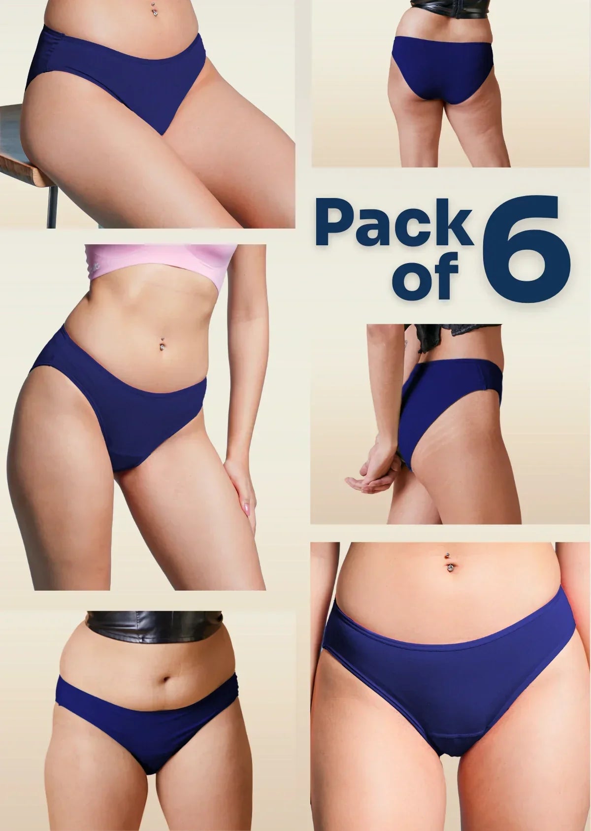 Collage of blue underwear with 'Pack of 6' text on a beige background