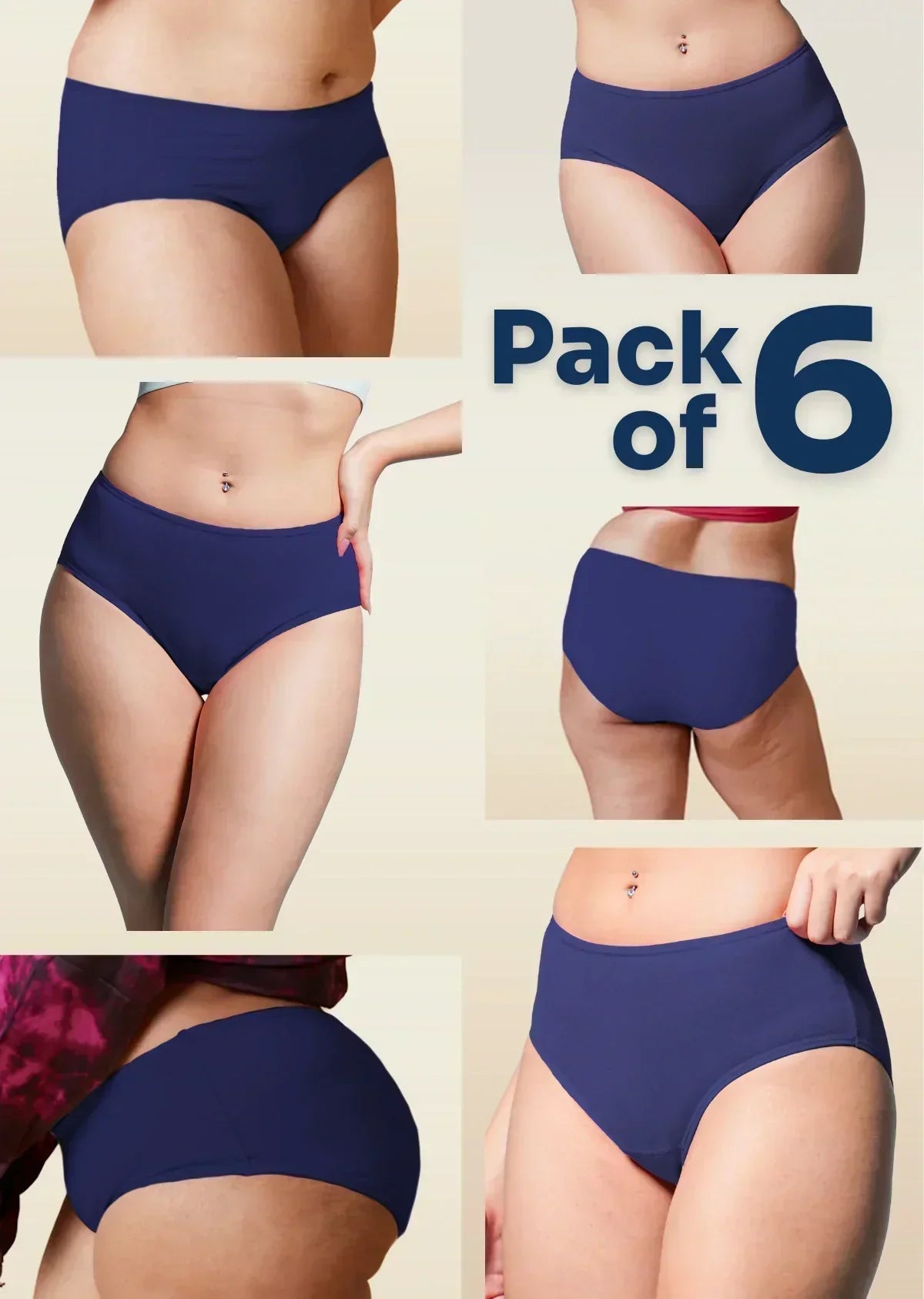 Collage of blue underwear with 'Pack of 6' text on a beige background