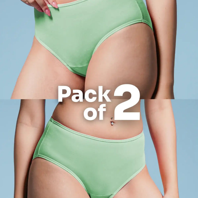 Green underwear pack of 2 on a person against a light blue background