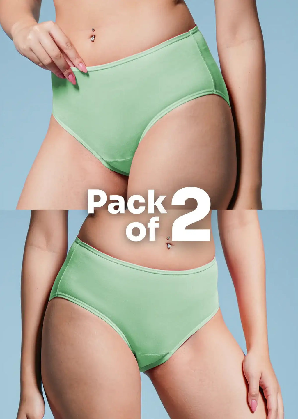 Green underwear pack of 2 on a person against a light blue background