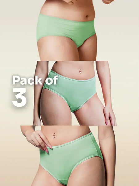 Three green underwear sets displayed on a person against a beige background with 'Pack of 3' text.