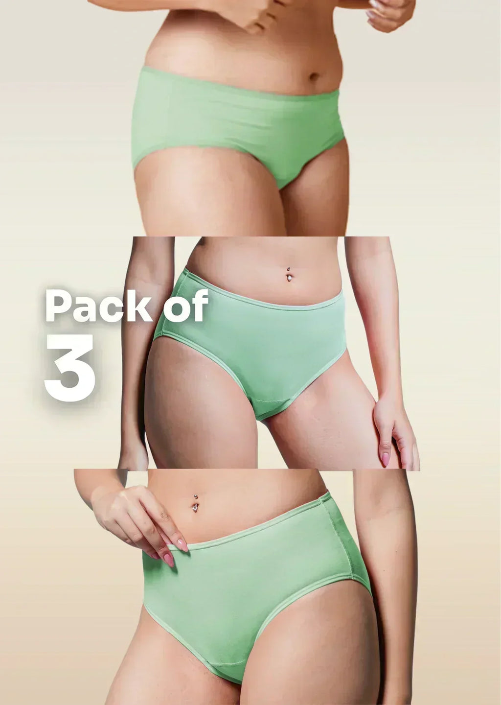 Three green underwear sets displayed on a person against a beige background with 'Pack of 3' text.