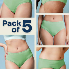 Green underwear pack of 5 advertisement with multiple angles on a blue background
