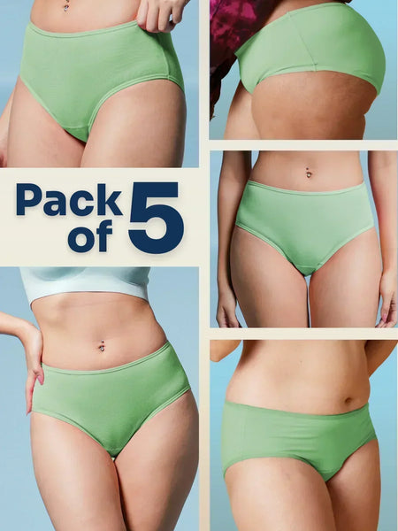 Green underwear pack of 5 advertisement with multiple angles on a blue background