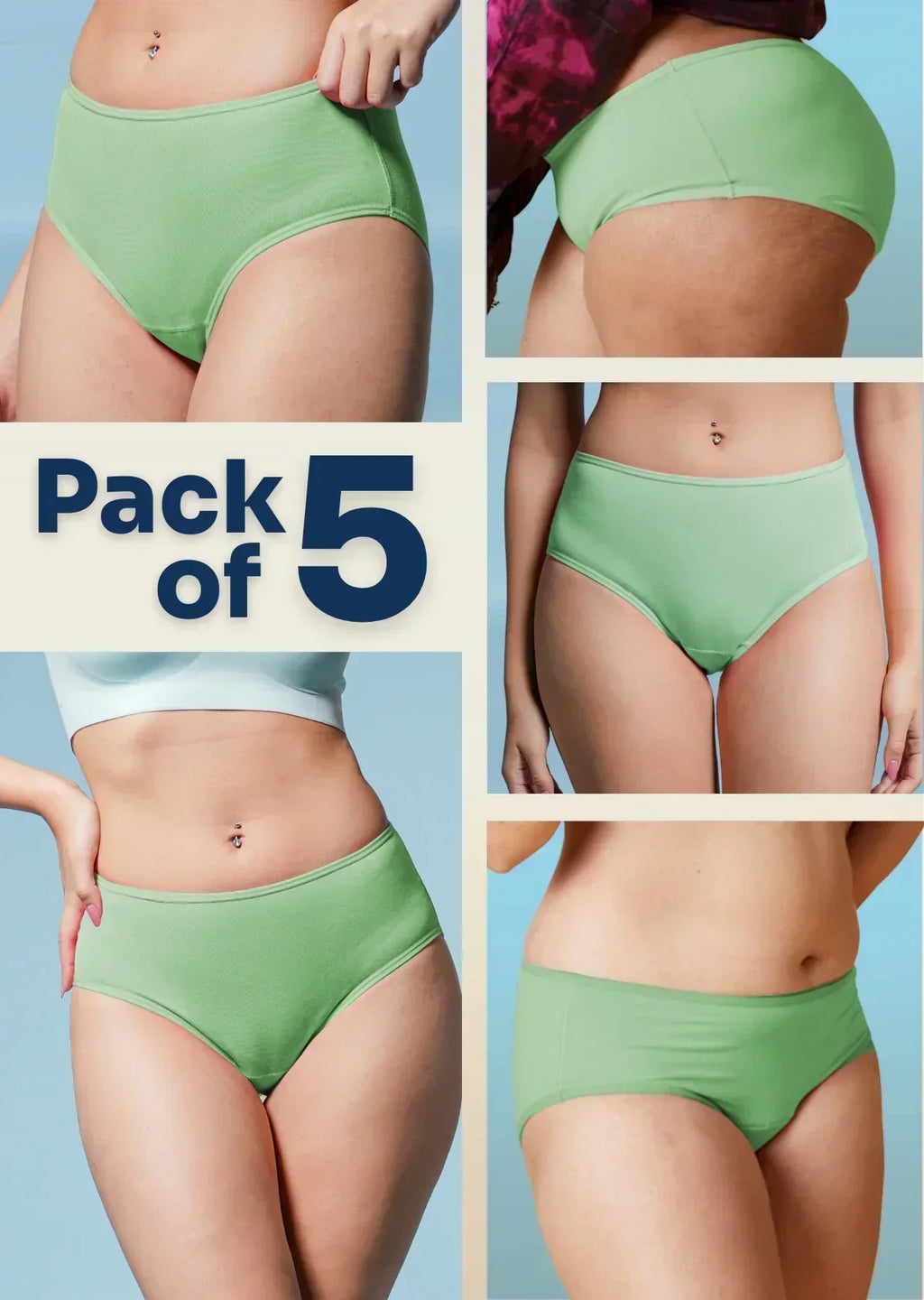 Green underwear pack of 5 advertisement with multiple angles on a blue background