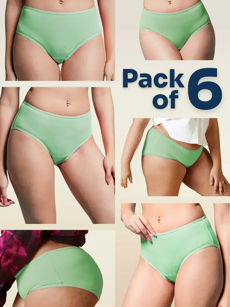 Collage of green underwear with 'Pack of 6' text on a beige background