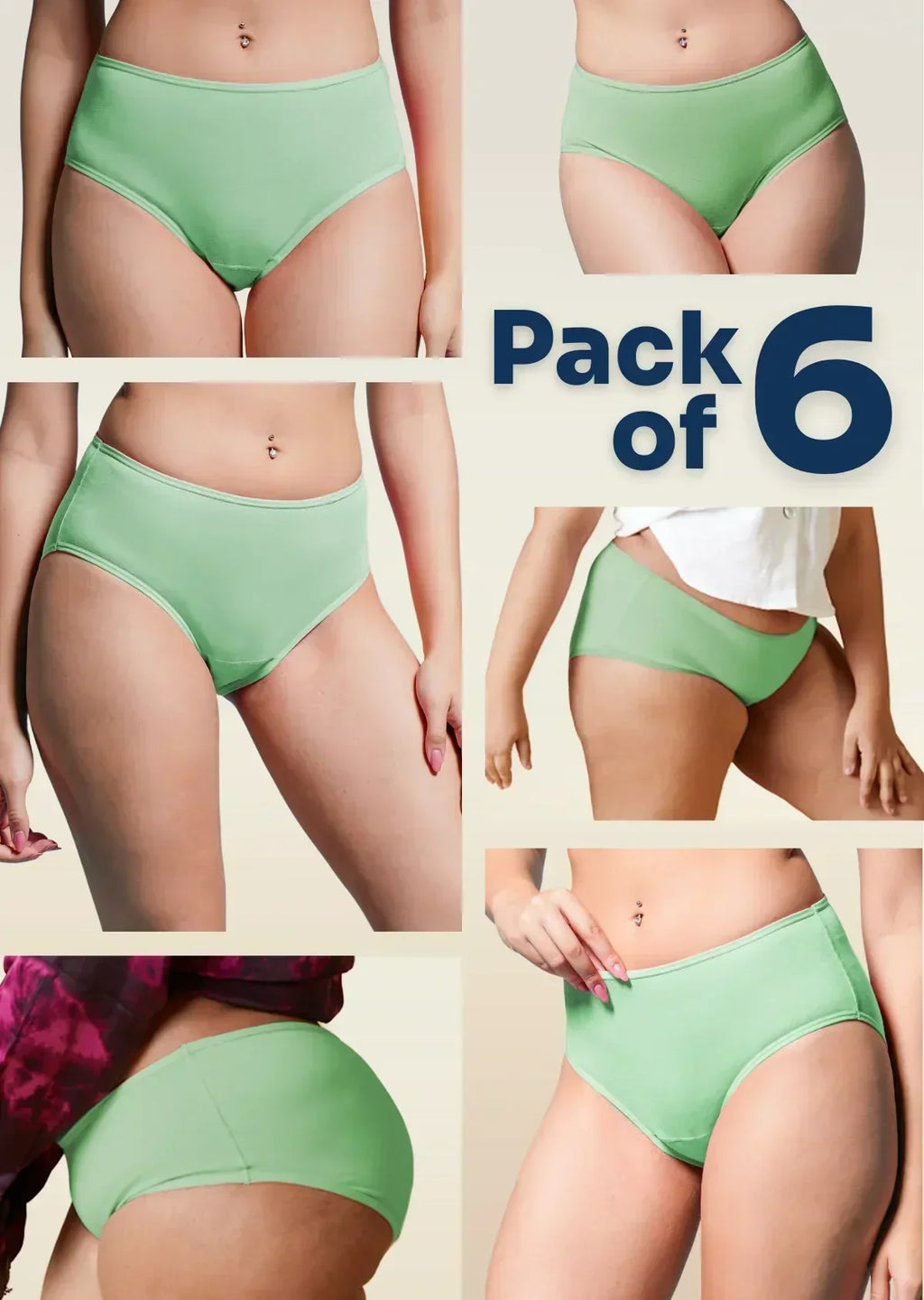 Collage of green underwear with 'Pack of 6' text on a beige background