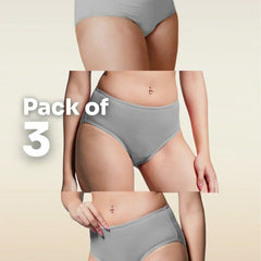 Three gray underwear packages displayed on a beige background with 'Pack of 3' text.