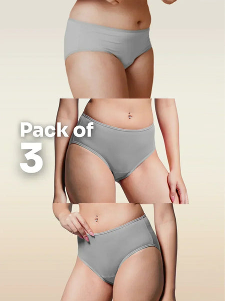 Three gray underwear packages displayed on a beige background with 'Pack of 3' text.