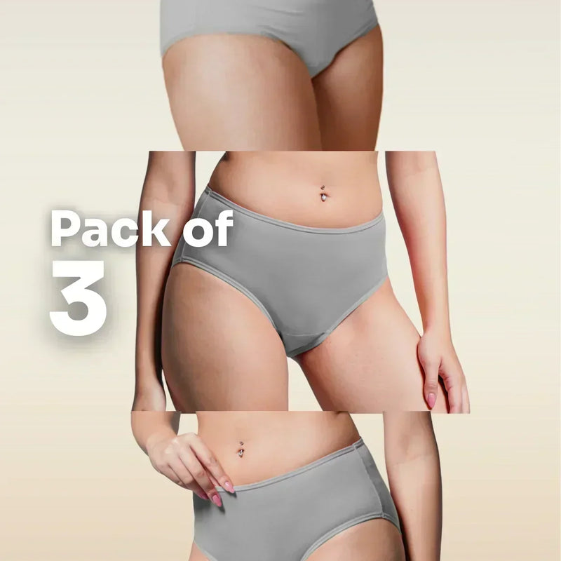 Three gray underwear packages displayed on a beige background with 'Pack of 3' text.