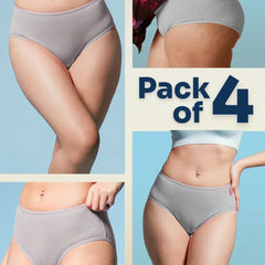 Gray underwear pack of 4 with a person wearing it on a light blue background