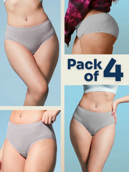 Gray underwear pack of 4 with a person wearing it on a light blue background