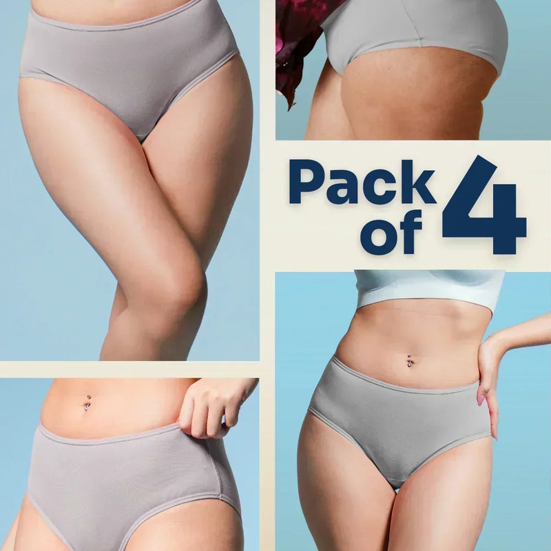 Gray underwear pack of 4 with a person wearing it on a light blue background