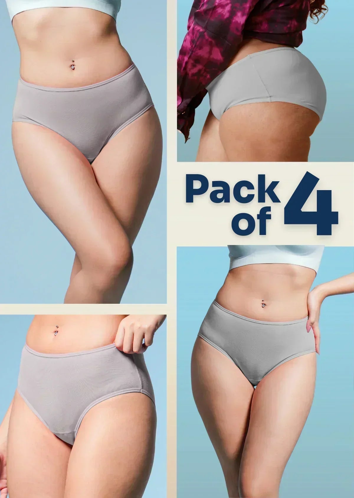 Gray underwear pack of 4 with a person wearing it on a light blue background