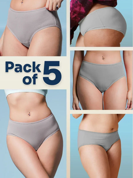 Collage of gray underwear with 'Pack of 5' text on a blue background