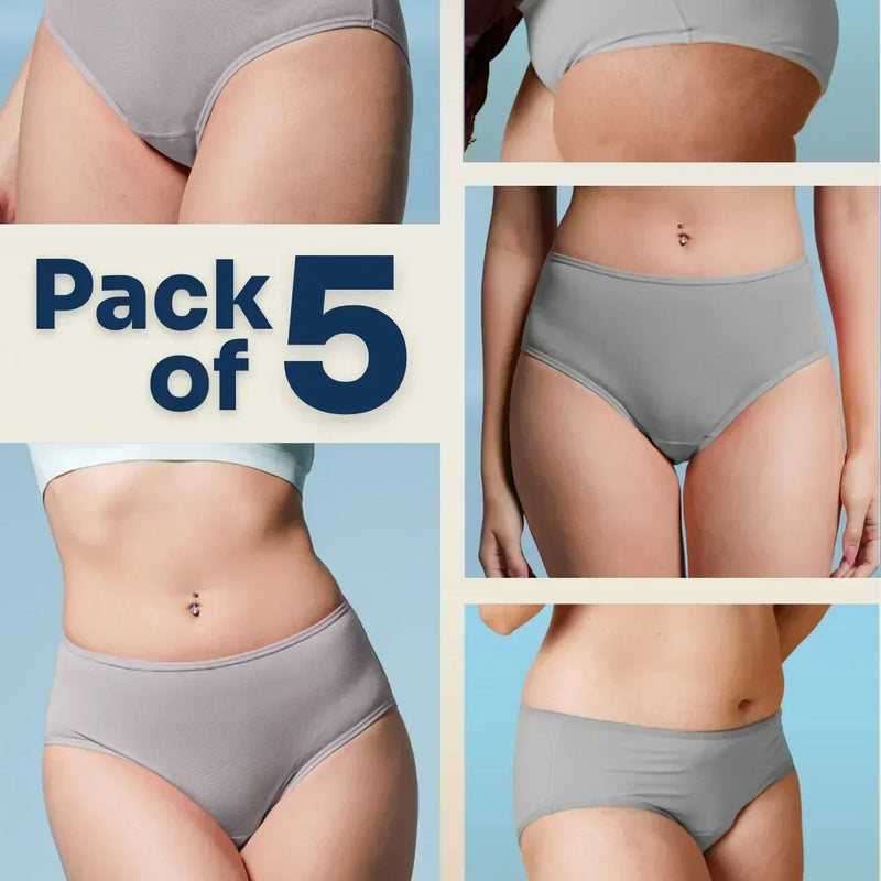 Collage of gray underwear with 'Pack of 5' text on a blue background