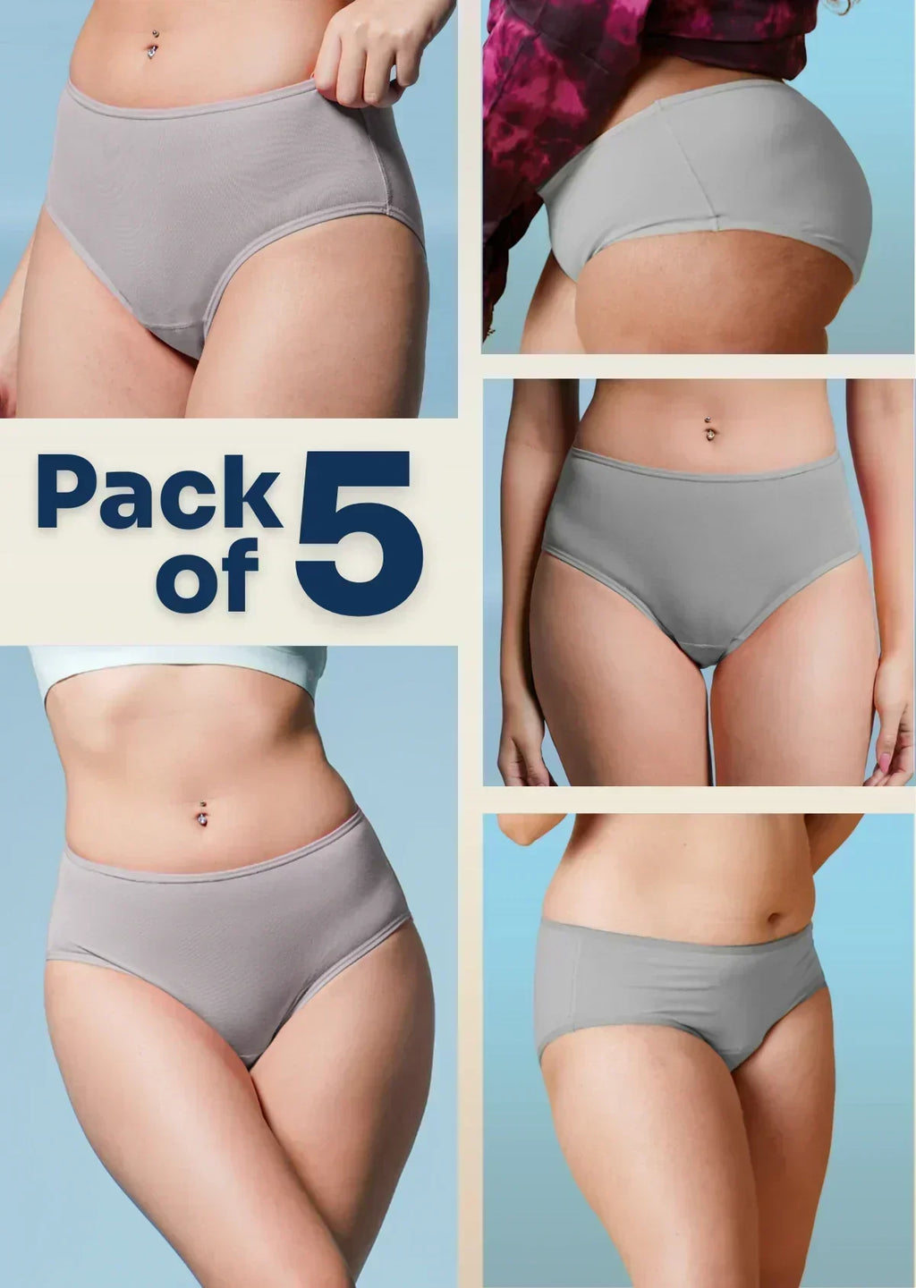 Collage of gray underwear with 'Pack of 5' text on a blue background