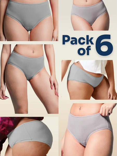 Collage of gray underwear with 'Pack of 6' text on a beige background