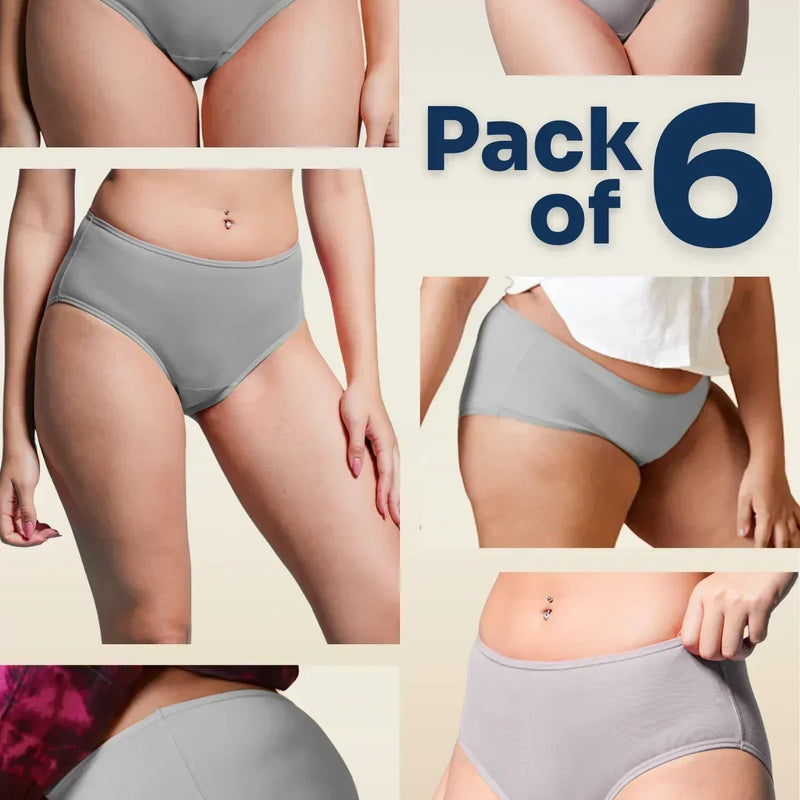 Collage of gray underwear with 'Pack of 6' text on a beige background