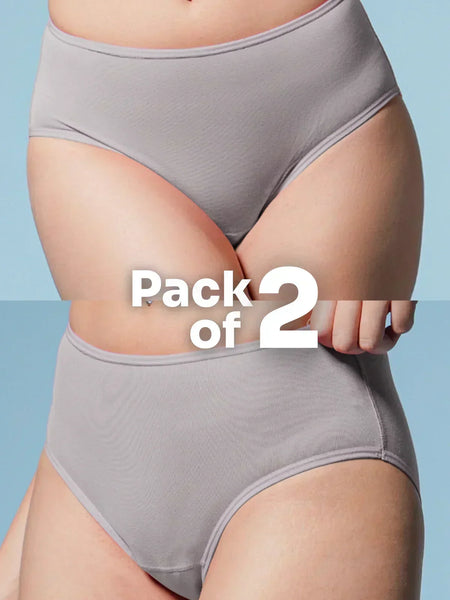 Two pairs of gray underwear with 'Pack of 2' text on a light blue background