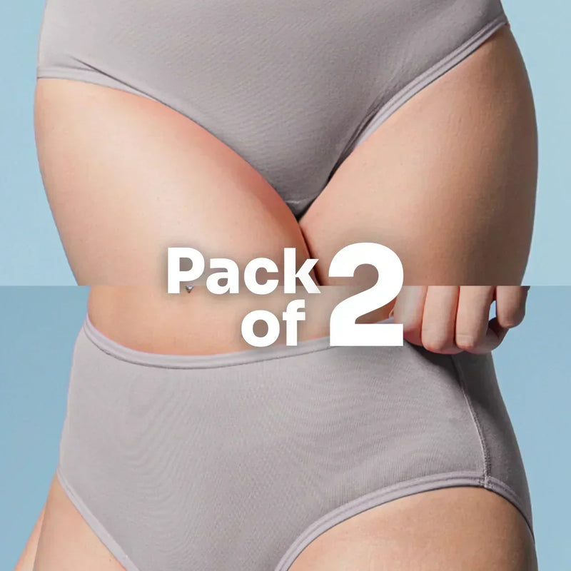 Two pairs of gray underwear with 'Pack of 2' text on a light blue background