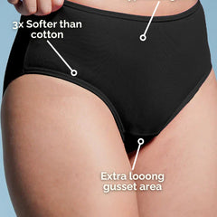 Black underwear with text highlighting features on a light blue background