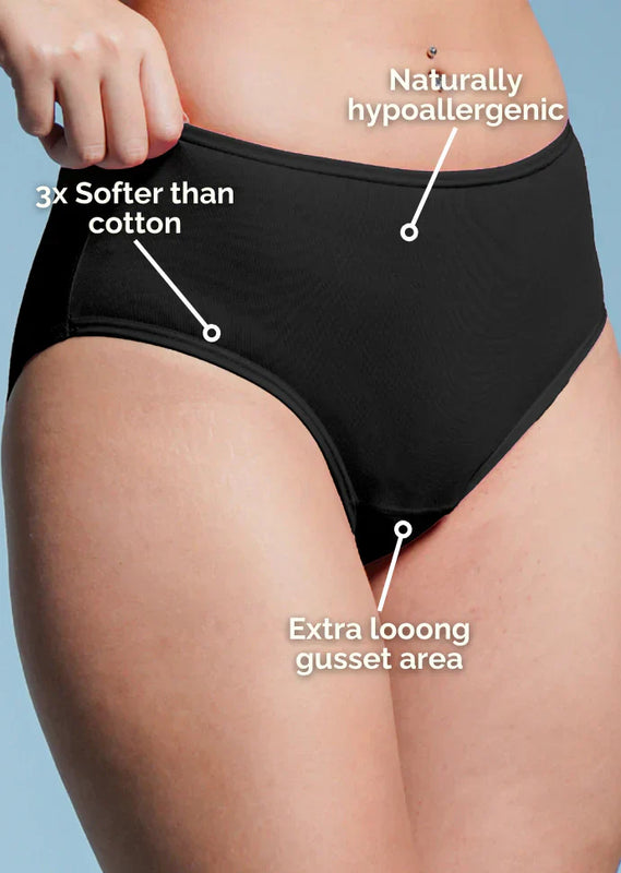 Black underwear with text highlighting features on a light blue background