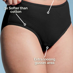 Black underwear with text highlighting features on a light blue background