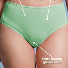 Green underwear with text highlighting features on a blue background