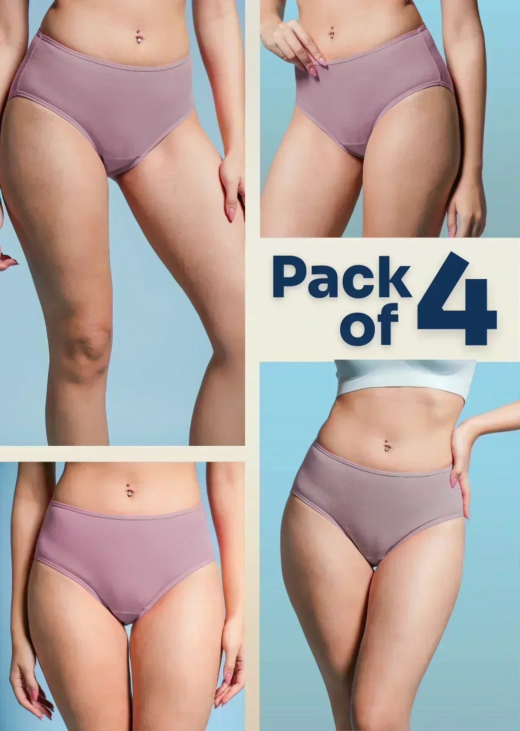 Pack of 4 high-waisted purple underwear on a blue background