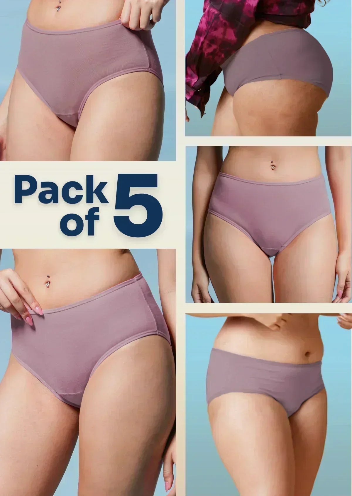 Collage of a person wearing purple underwear with 'Pack of 5' text on a blue background.
